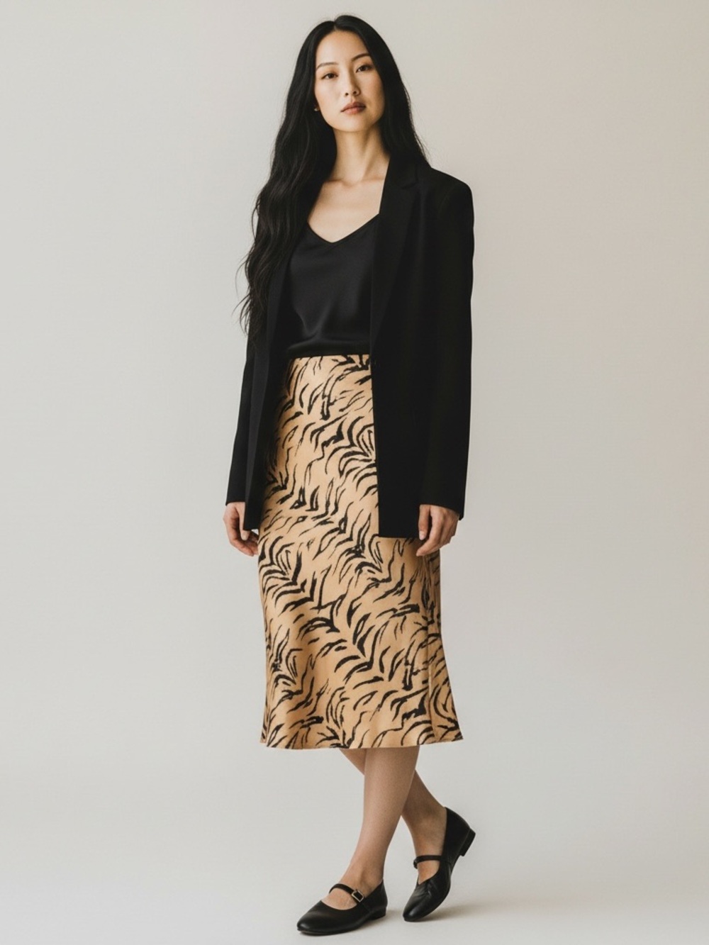 MADEWELL 100% Silk Beige Black Animal-Print Midi Skirt - 8